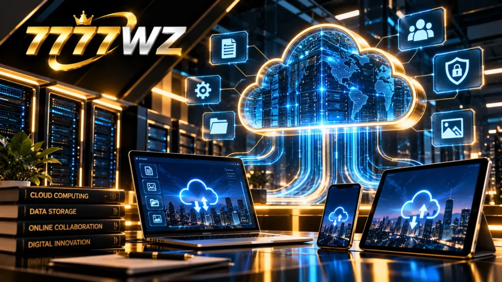 Ilustrasi cloud computing dengan pusat data, server cloud, laptop, smartphone, dan jaringan penyimpanan digital.
