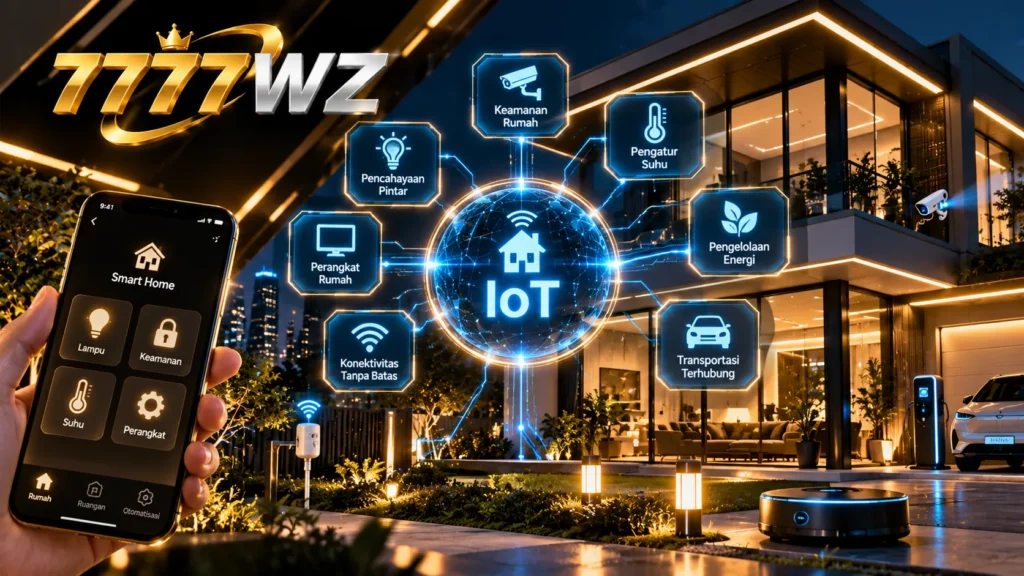 Ilustrasi Internet of Things (IoT) dengan rumah pintar, smartphone pengendali, sensor keamanan, dan perangkat digital yang saling terhubung.