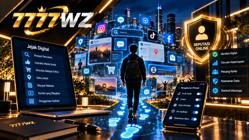 Ilustrasi jejak digital dan reputasi online dengan aktivitas media sosial, riwayat internet, serta pengaturan privasi pada perangkat digital.