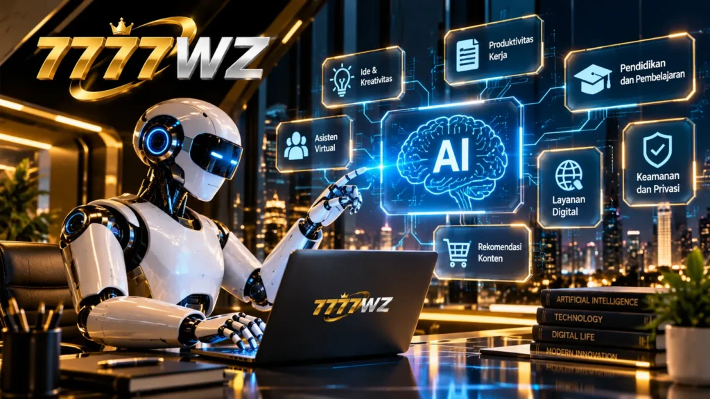 Ilustrasi kecerdasan buatan dalam kehidupan sehari-hari dengan robot AI, laptop, dan teknologi digital modern.