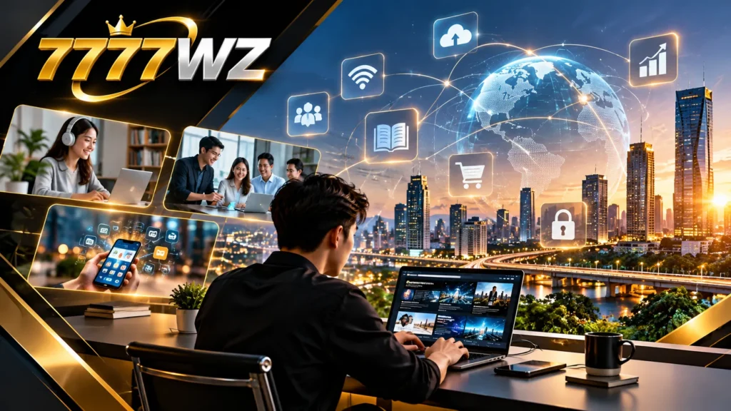 Ilustrasi transformasi digital dalam kehidupan sehari-hari dengan teknologi internet, perangkat pintar, dan jaringan global.